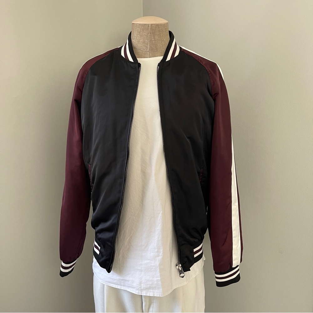 Zara Black and White Satin Varsity Bomber Jacket